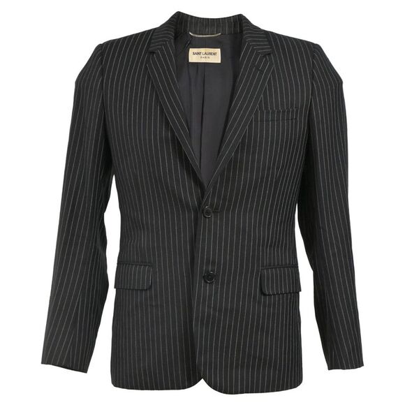 Saint Laurent Pinstripe Single-Breasted Blazer with Pockets in Black Wool - Picture 1 of 5